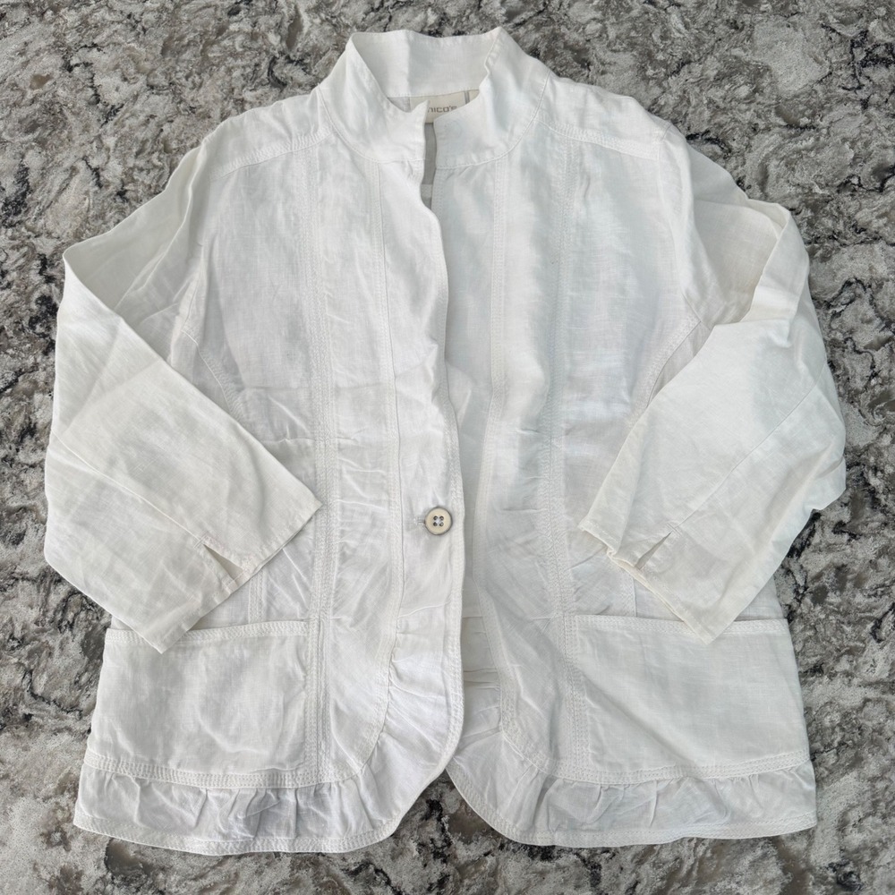 Chico's White Linen Lightweight Jacket Blazer 3/4 SLV Ruffle Crisp Size 1 Medium
